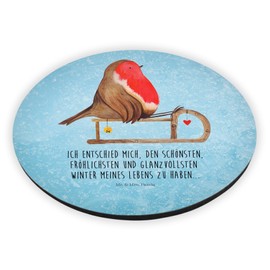 Mr. & Mrs. Panda Round Magnet Robin Sleigh - Gift, Fridge Magnet, Santa Claus, Christmas, Bird, Winter Motif, Magnets