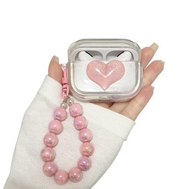 Cute Case for AirPods Pro 2,Glitter Love-Heart Design TPU Cover with Beaded Bracelet Keychain,Sparker Clear Soft Silicone Protective Case for Women Girls Compatible with Airpods Pro 2nd Generation