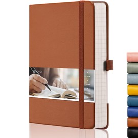 EMSHOI A5 Notebook - 21.4 x 14.5 cm Lined Journal with 256 Numbered Pages, 120gsm Thick Paper, Sticky Notes, 8 Perforated Sheets, Hardback Vegan Leather Notepad for Women Men Writing - Brown