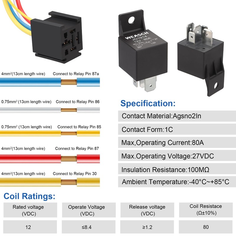 Weasch 12V JD1914 80A Heavy Duty Relay with Harness, 5-Pin