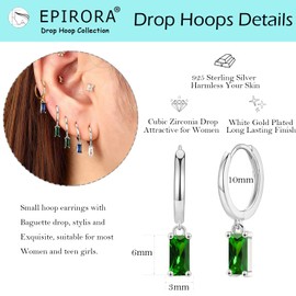 Sterling Silver Hoop Earrings for Women, Small Silver Huggie Hoop Earrings with Baguette Dangle | Hypoallergenic Emerald Green Cubic Zirconia Dangling Cartilage Helix Earring Jewellery Girls Gifts