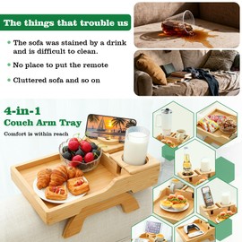 GHKINMAL Bamboo Couch Cup Holder, 4 in 1 Couch Arm Trays with 360°Rotated Phone Holder, Non-Slip Clip on Side Table for Drinks/Remote/Snacks, Ideal Gift for Husband, Wife, Parents