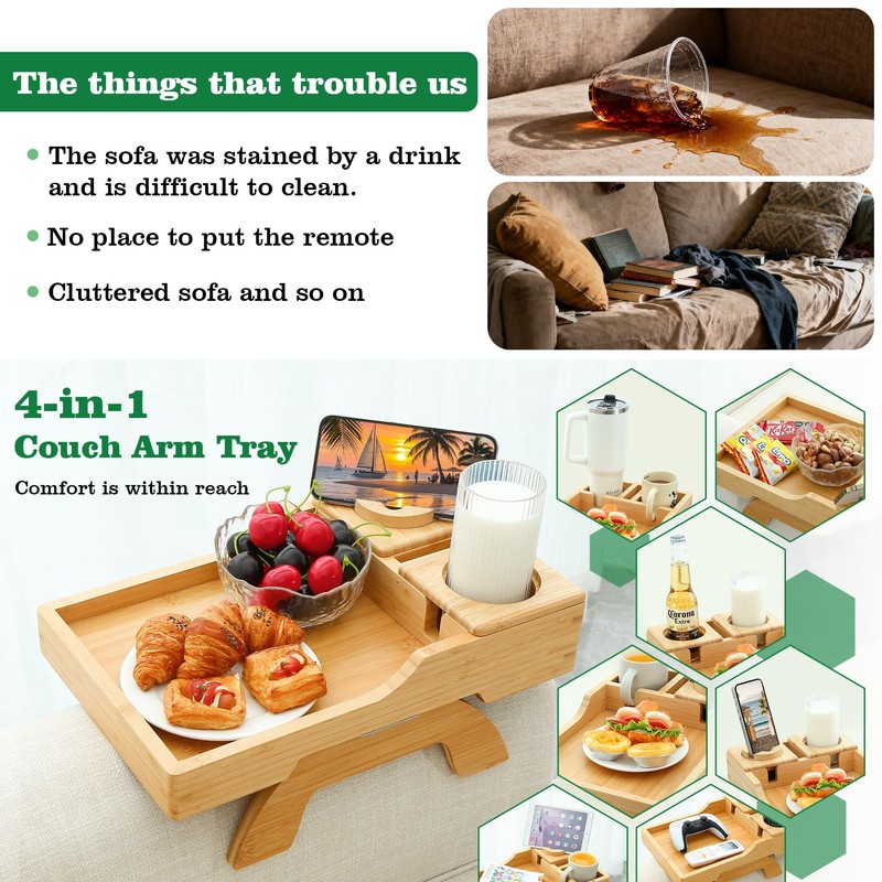 GHKINMAL Bamboo Couch Cup Holder, 4 in 1 Couch Arm