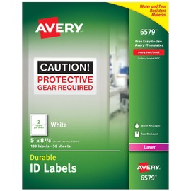 Avery 6579 Durable ID Labels,Laser,Permanent,5-Inch x8-1/8-Inch,100/BX,WE