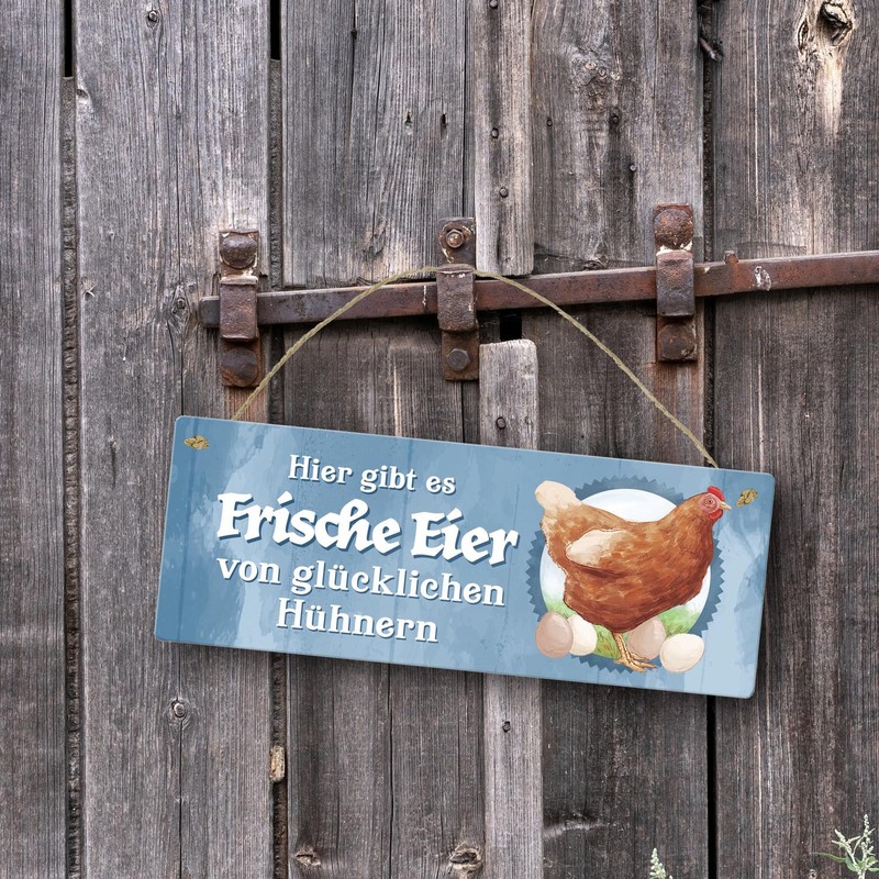 Fresh Eggs of Happy Chickens Metal Sign L in 10.5
