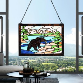 YOURANJU Brown Bear Stained Glass Window Hanging Handmade 16" H x 11" W Tiffany Style Animal Rectangular Window Panel Perfect for Living Room Bedroom Kitchen Window Decoration Hangings with Chain