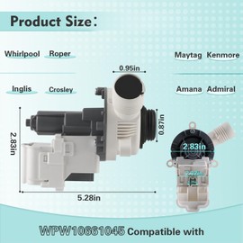 W10661045 W10614033 Washer Drain Pump Assembly for Whirlpool Roper Maytag Kenmore Inglis Crosley Amana Admiral, Replacement Part W10215134 WPW10661045 3554974 AP6023670 PS11757016 EAP11757016
