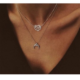 Enautoabs Bohème Geschichtetes Herz Halskette Silber Mond Anhänger Halskette Mond Horn Halskette Kette Hohl Herz Choker Halskette Schichtung Kette Halskette Schmuck Für Frauen