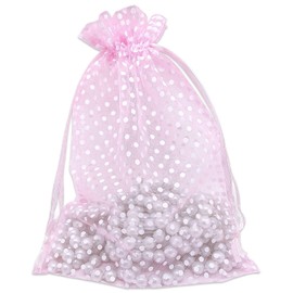 TheDisplayGuys - Paquete de 100 bolsas de regalo de organza transparente de 6 x 8 pulgadas con cordón (grande) – lunares (rosa/blanco) – para regalos de boda, joyas, dulces, bolsa de malla