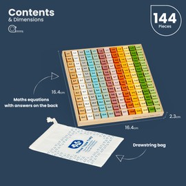 Bigjigs Toys Simply Scandi Times Table Tray - 1-12 Time Tables, Fun Multiplication Board Game For Kids, Eco-Friendly Wooden Montessori Math Chart, Educational Games 3+ Years Old