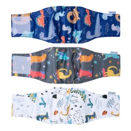 Pet Soft Dog Belly Band - 3 Packs Reusable Dog Diapers Male Doggy Diapers Wraps - Washable Dogs Belly Bands for Male Dogs (Dino, M)
