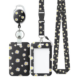 Pawfly Floral Sliding Badge Holder White Flower Plastic Case with Retractable Badge Reel Carabiner Clip & Detachable Lanyard Strap Fashionable Vertical Card Protector for Women Nurse Teacher Student