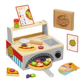 OOOK Wooden Pizza Toy Kids Pizza Counter Playset, Toy Pizza Oven， Montessori Pretend Play Toys with Toy Food, Bake Oven, Role Play Set for 3 4 5 6 Year Old Boys Girls