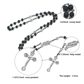 SALOMOCA Bead Rosary Necklace with Crucifix and Our Lady of Guadalupe Medal Black Volcanic Rock Beads Catholic Prayer Rosaries Necklaces Jewelry for Men Gifts in Velvet Bag