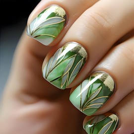 Green Press on Nails Square Short Fake Nails with Leaves Lines Designs Glitter Glue on Nails Green Glossy Acrylic Nails Press ons Spring False Nails Cute Artificial Stick on Nails for Women 24Pcs
