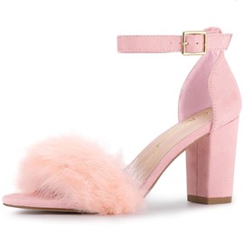 Allegra K Women's Faux Fur Ankle Strap Block Heels Pink Sandal - 8 M US