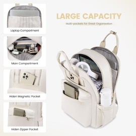 LOVEVOOK Backpack Women's Laptop Backpack Large Waterproof School Backpack Teenager Girls with Laptop Compartment Elegant School Bag Daypack for School University Travel Work, cream-coloured, Casual