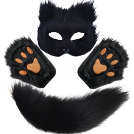 Lupidyyxun Therian Mask and Tail Set for Girl Women Furry Fox Mask and Paws for Costome(Black)