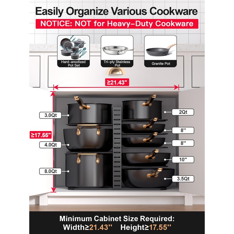 MUDEELA Pots and Pans Organizer Rack under Cabinet 14.55in Height,