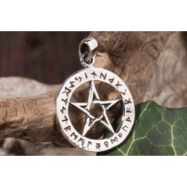 Windalf Jewellery Pendant ASKA Diameter 2.4 cm Pentagram with Runes 925 Sterling Silver, Fabric
