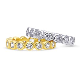 BERRICLE Sterling Silver Bubble Wedding Rings Bezel Set Round Cut Cubic Zirconia CZ Eternity Ring Set for Women, Rhodium Plated and Yellow Gold Flashed Size 6