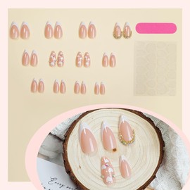 24Pcs Valentines Press on Nails White French Tip Fake Nails Love Glossy Glitter Heart Designs with Rhinestones Medium Almond False Nails Full Cover Stick on Nails for Women Girls Acrylic Nails