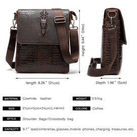 NIUCUNZH Leather Flap Messenger Bag for Men Small Crossbody Shoulder Bag,Novelty Crocodile Embossed, Coffee