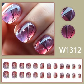 Purple Press on Nails Short Square Fake Nails with Designs | Extra Short Glue on Nails Gradient Purple False Nails Glossy Gel Acrylic Nails Summer Stick on Nails for Women Nail Supplies 24Pcs