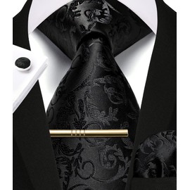 Enlision Men's Ties Black for Wedding Paisley Necktie Formal Business Tie and Pocket Square Cufflinks Clip Set