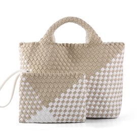 LIKEBAG Woven Bag for Women, Neoprene Tote Bag Summer Beach Handbag Purse Retro Handmade Travel Shoulder Bag Set (Apricot)