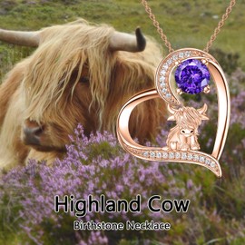 MEIDERBO Highland Cow Necklace Rose Gold 925 Sterling Silver February Birthstone Pendant Highland Cow Jewelry Gifts for Women