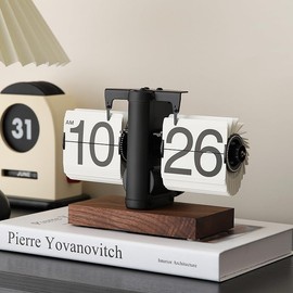 Flip Desk Clock, Retro Vintage Flip Desk Table Clock, Digital Flip Clock Sided Large Numbers Mechanical Flip Clock Wood Base for Living Room, Study Room and Office（Frosted Black）