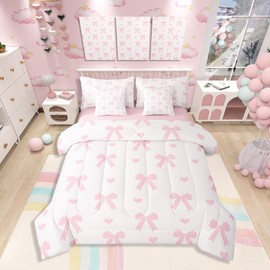 Pink Bowknot Queen Bedding Set 7 Pieces,Princess Style Bow Dreamy Bow-tie Comforter Set with Sheets for Girls Women,Cute Love Hearts Romantic Valentine's Day Bed Set in a Bag with Pillow Covers