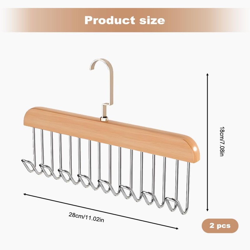 Closet Belt Hanger, 2 Pcs Wooden Sturdy 8-Hook Belt Holder,