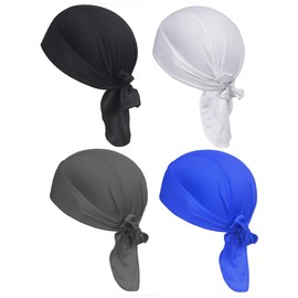 4 Pack Dew Rags Sweat Wicking Doo Cap, Cooling Helmet Liners, Sport Absorptive Moisture Pirate Scarf Bandana Skull Wrap Caps, Cycling Motorcycle Quick Drying Beanie Chemo Caps (Black/Blue/White/Gray)