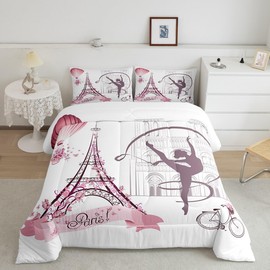 Paris Bedding Set Full, Gymnastics Comforter Set for Girls Women Kids Teens Adult, Pink Eiffel Tower Bedding Comforter Sets, Romantic Theme Down Comforter, Couple Valentine Bedroom Decor Duvet Set