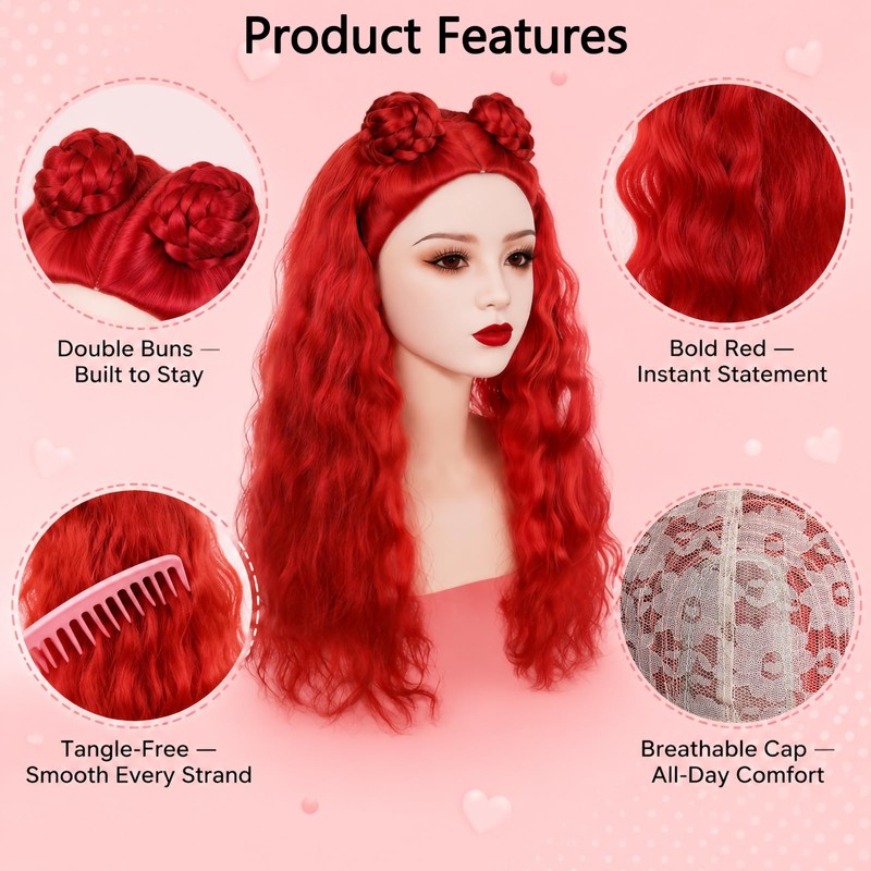 FOVER 5-Piece Red Princess Buns Wig Set for Women Costumes