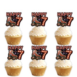 18pcs Red Glitter Neon Light Happy Birthday 7 Roller Skates Dessert Cupcake Topper Pick for 80s 90s Retro Hip Hop Roller Skating Theme Decor Supplies Boys Girls Happy 7th Birthday Party Decorations