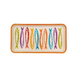 Portuguese Ceramic Rectangular Serving Platter with Colorful Fish Design, Traditional Sardines Pattern, Orange Trim