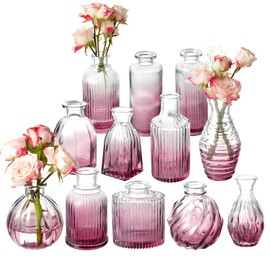 Bud Vases Set of 12, Small Purple Vase Glass Vases for Flowers Vintage Ribbed Colored Wedding Flower Vase for Decor in Bulk Decor Bridal Shower Centerpieces Home Table Decoration