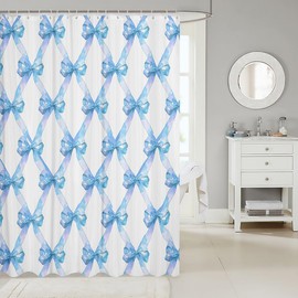 Cute Bowknot Fabric Shower Curtain,Princess Style Blue Bow Watercolor Girly Shower Curtain for Bathroom,Geometric Grids Minimalist Dreamy Waterproof Shower Curtain,72 Inch Long
