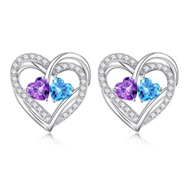 Iefil Heart Birthstone Earrings for Women Wife - Amethyst Aquamarine Earrings, February March Birthstone Jewelry, Anniversary Birthday Gifts for Women Wife Girlfriend