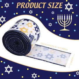 3 Roll 50 Yards Hanukkah Ribbon 2.5 Inch Star of David Decorative Ribbon Menorah Holiday Ribbon for DIY Crafts Decoration Chanukah Jewish Gift Wrapping
