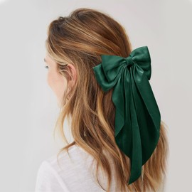 Kivzex Large Hair Bows for Women Blackish Green Silky Satin Hair Bow Hair Clips Long Tail French Hair Ribbon Coquette Bows Hair Accessories for Girls