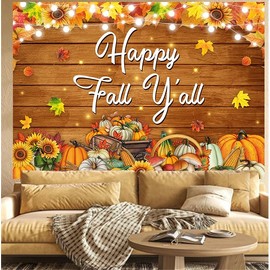 Happy Fall Y'all Backdrop 7X5FT Autumn Maple Leaves Pumpkin Wood Wall Photography Background Autumn Thanksgiving Happy Fall Party Decorations Farm Harvest Photo Studio Props