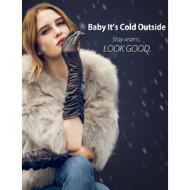 YISEVEN Women’s Long Leather Gloves Opera Length Touchscreen Pleat Detail Lined Genuine Lambskin Winter Cold Weather Accessories for Ladies Dress Driving Evening Party Gifts, Brown Size 7.5 L