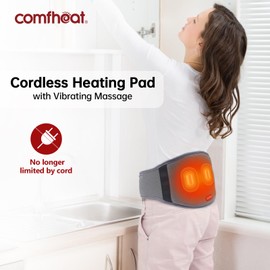 comfheat Portable Back Heating Pad with Vibration Massage, Cordless Lower Back Heating Wrap for Lower Back Pain, Heated Waist Belt, 3 Heat Settings, Gift for Women Men