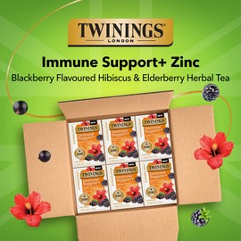 Twinings Superblends Immune Support+ Zinc Blackberry Flavoured Hibiscus & Elderberry Herbal, Caffeine-Free, 16 Tea Bags (Pack of 6)