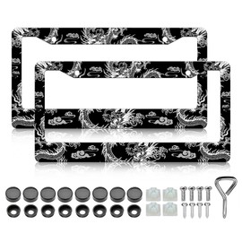 Black White Dragon License Plate Frame - 2PCS Personality Mythology License Plate Holder, Rust-Proof Auto Parts License Plate Cover Decoration with Screws Caps for Standard Us 12x6 Inch