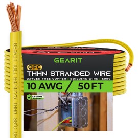 GearIT Stranded THHN Wire (10 Gauge, 50 Feet) 100% OFC Electrical Building Wire, Rated for Up to 600 Volts, Single Conductor, Nylon Jacket, UL Listed/RoHs Compliant - Yellow, 50ft